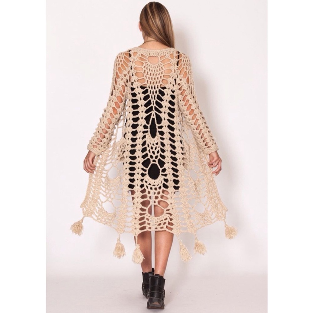 SOLD OUT Khaki Bohemian Hand Knit Tassel Open Crochet Knit Cardigan Sweater - Picture 6 of 7
